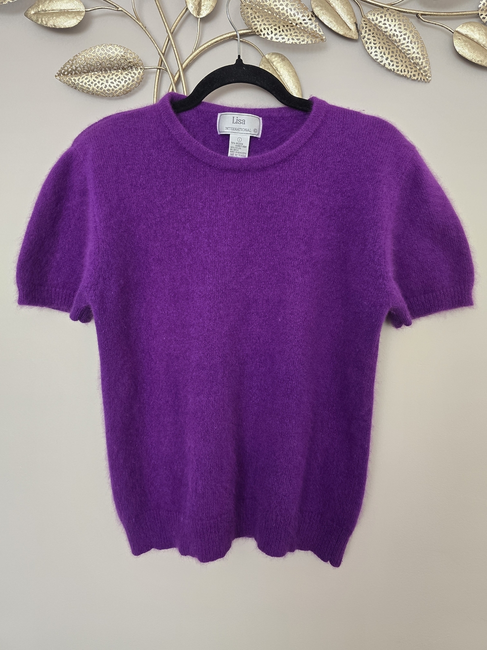 Lisa International Purple Angora Short-Sleeve Crewneck Sweater Vintage Size L